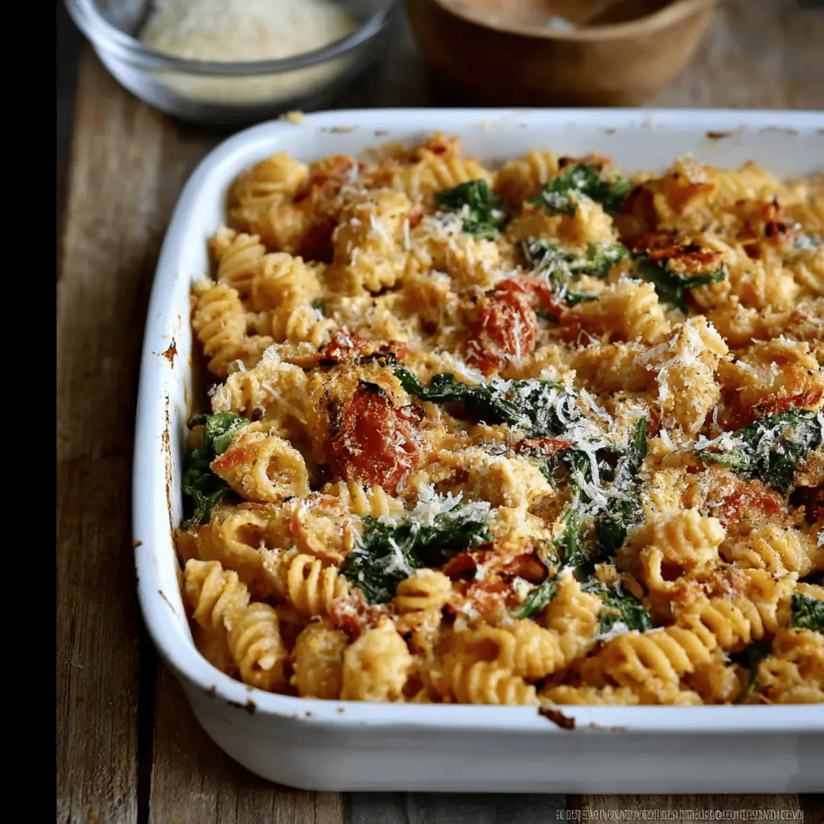 Baked Boursin Cheese Pasta with Sundried Tomatoes and Spinach