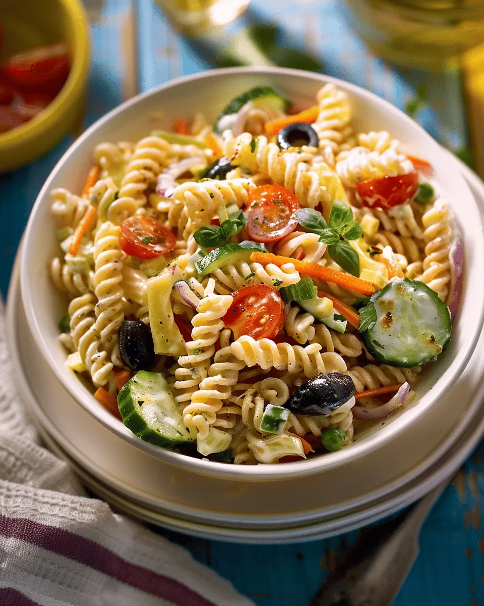 Creamy Ranch Garden Pasta Salad Delight with Turkey Bacon and Chicken Ham