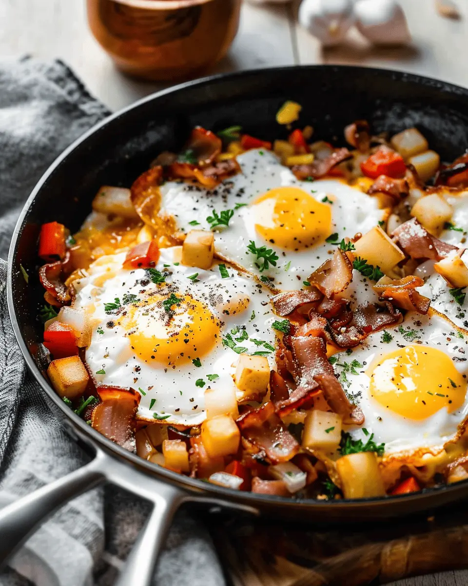 Breakfast skillet: Easy Turkey Bacon and Chicken Ham Delight