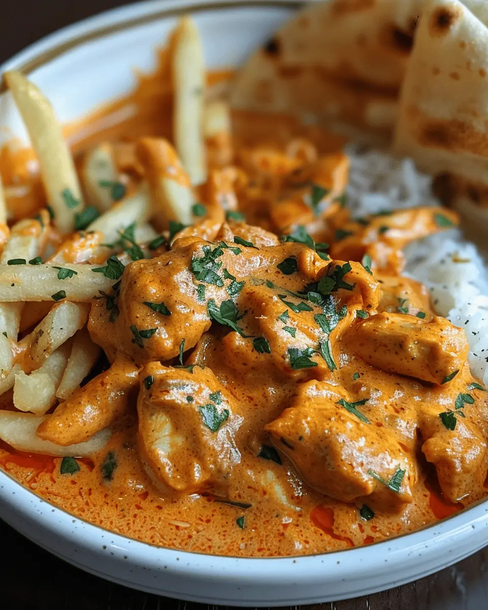 Butter Chicken with Garlic Sauce: Indulgent Delight with Crispy Fries