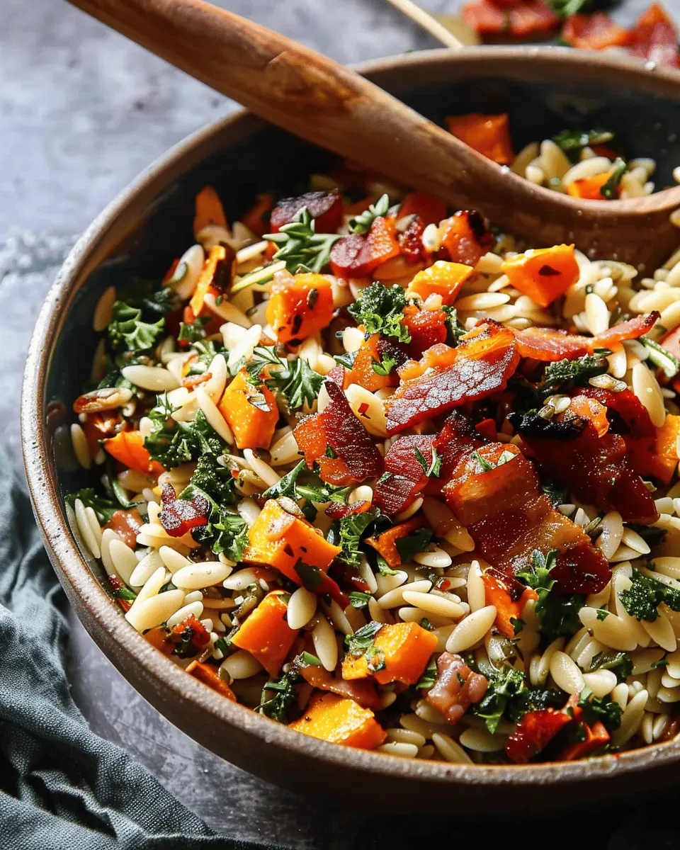 Butternut Squash Orzo Salad with Candied Turkey Bacon Delight