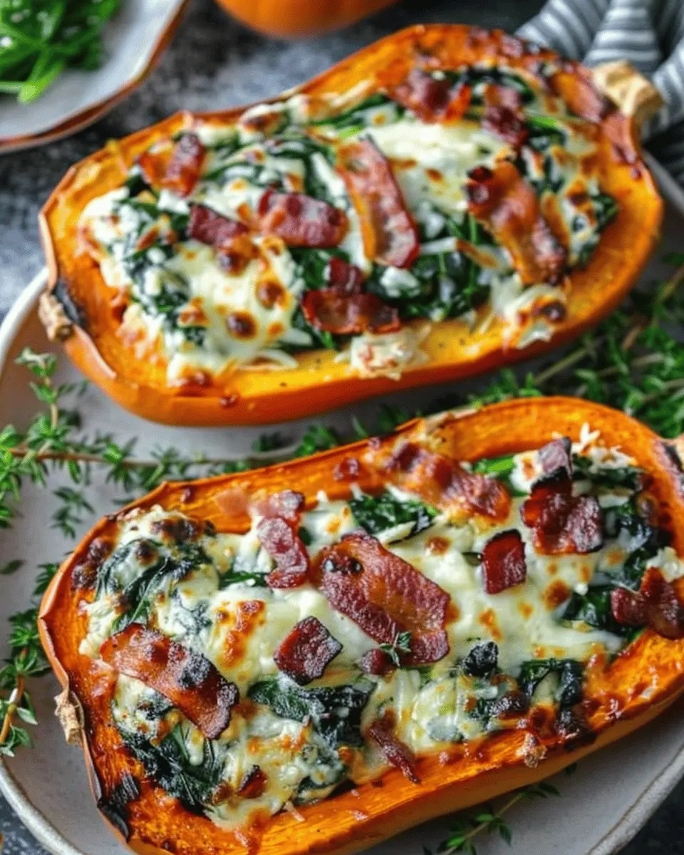 Stuffed Butternut Squash: Easy Spinach, Turkey Bacon, and Cheese Delight