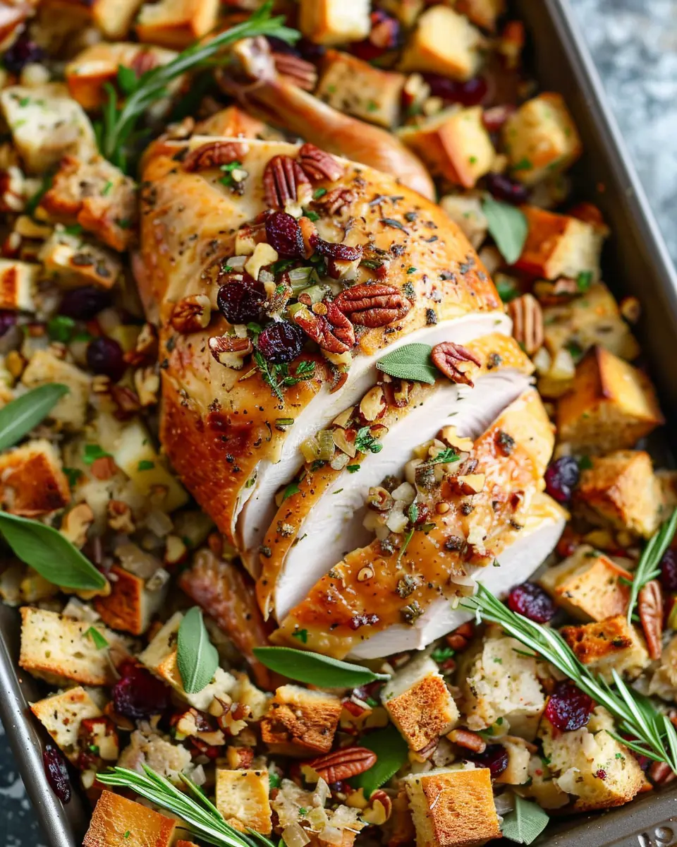 Sheet Pan Herb Roasted Turkey with Cranberry Pecan Stuffing Delights