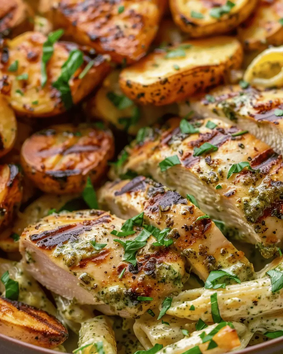 Loaded Herb Grilled Chicken: Indulgent Creamy Pesto Pasta & Roasted Potatoes