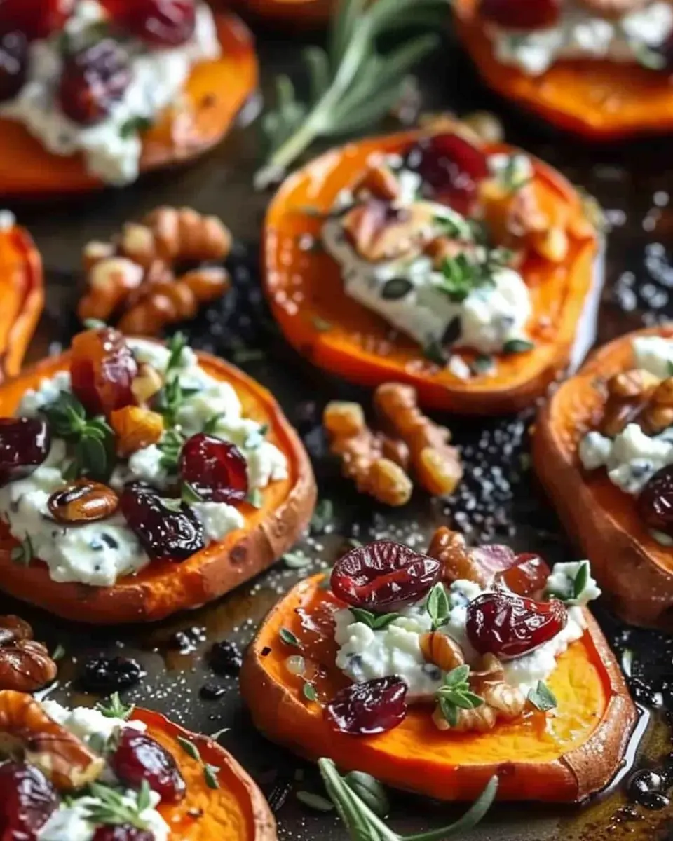 Roasted Sweet Potato Rounds with Herbed Ricotta, Nuts, and Cranberries