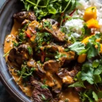 Curried Beef & Mushrooms with Creamy Peanut Sauce and Mango Salsa: A Bowl That Redefines Comfort and Bold Flavor