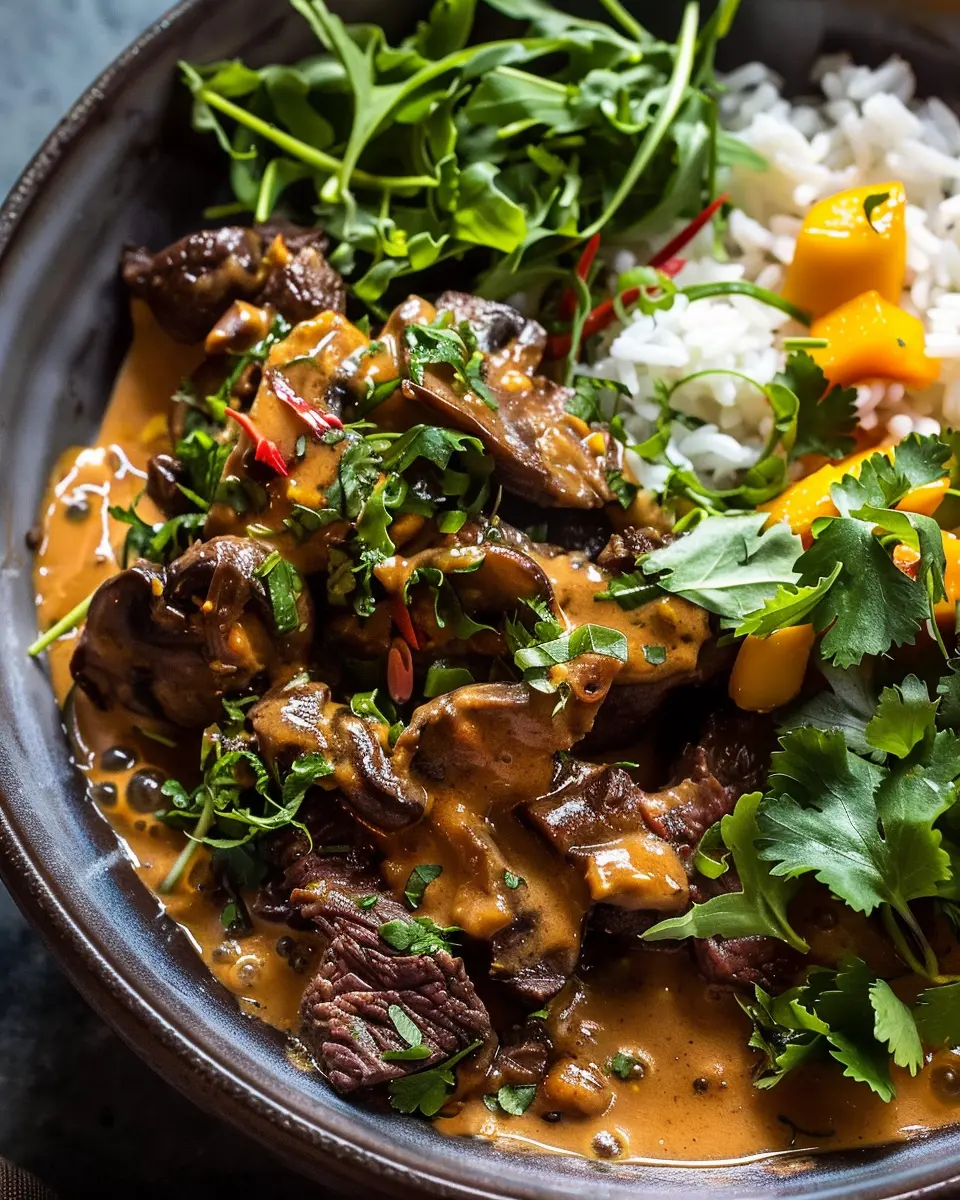 Curried Beef & Mushrooms: Indulgent Bowl with Peanut Sauce & Salsa