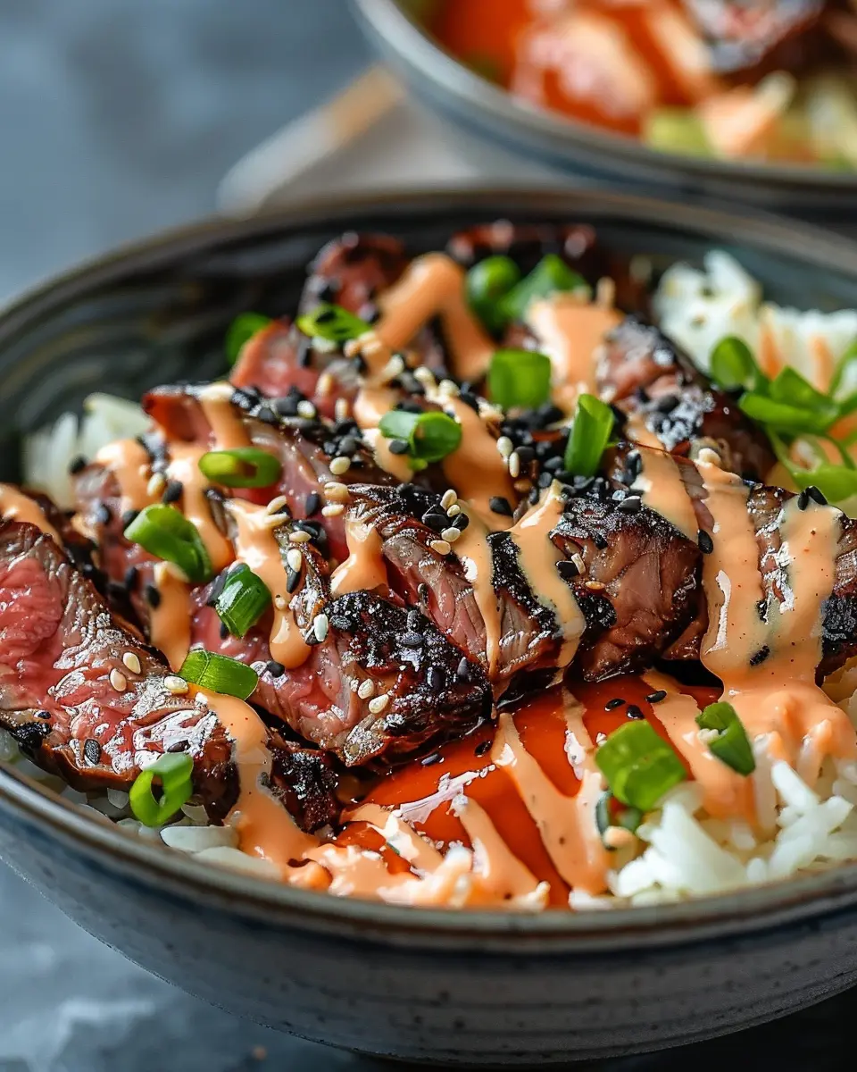 Korean BBQ Steak Rice Bowls with Spicy Cream Sauce: A Savory Delight