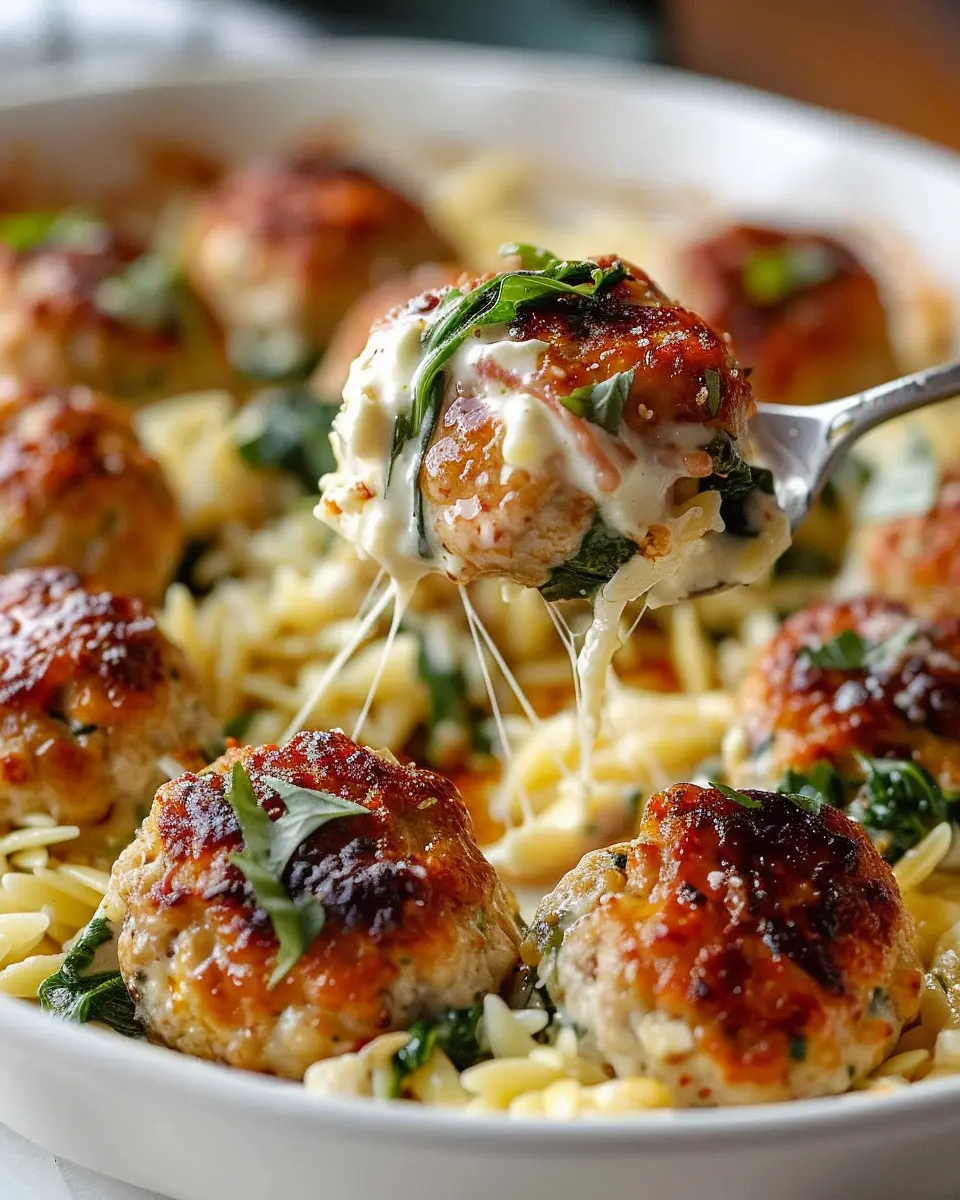 Baked Chicken Ricotta Meatballs with Creamy Spinach Orzo Delight