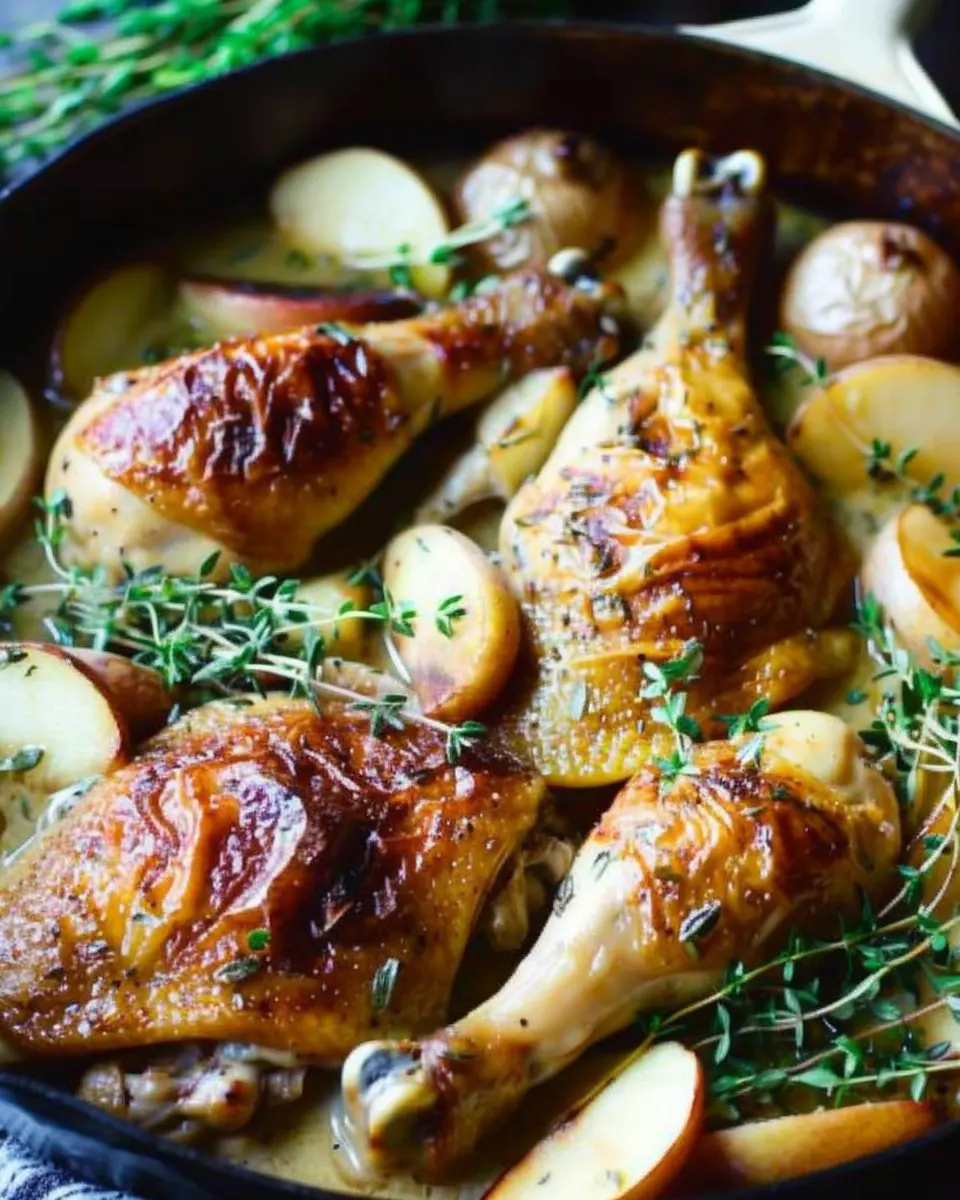Chicken Normandy: Juicy Braised Chicken Legs in Apple Cider &amp; Turkey Bacon