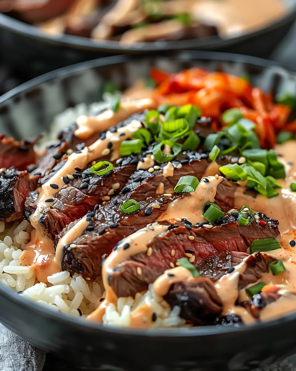 Korean BBQ Steak Rice Bowls with Spicy Cream Sauce: A Flavorful Delight