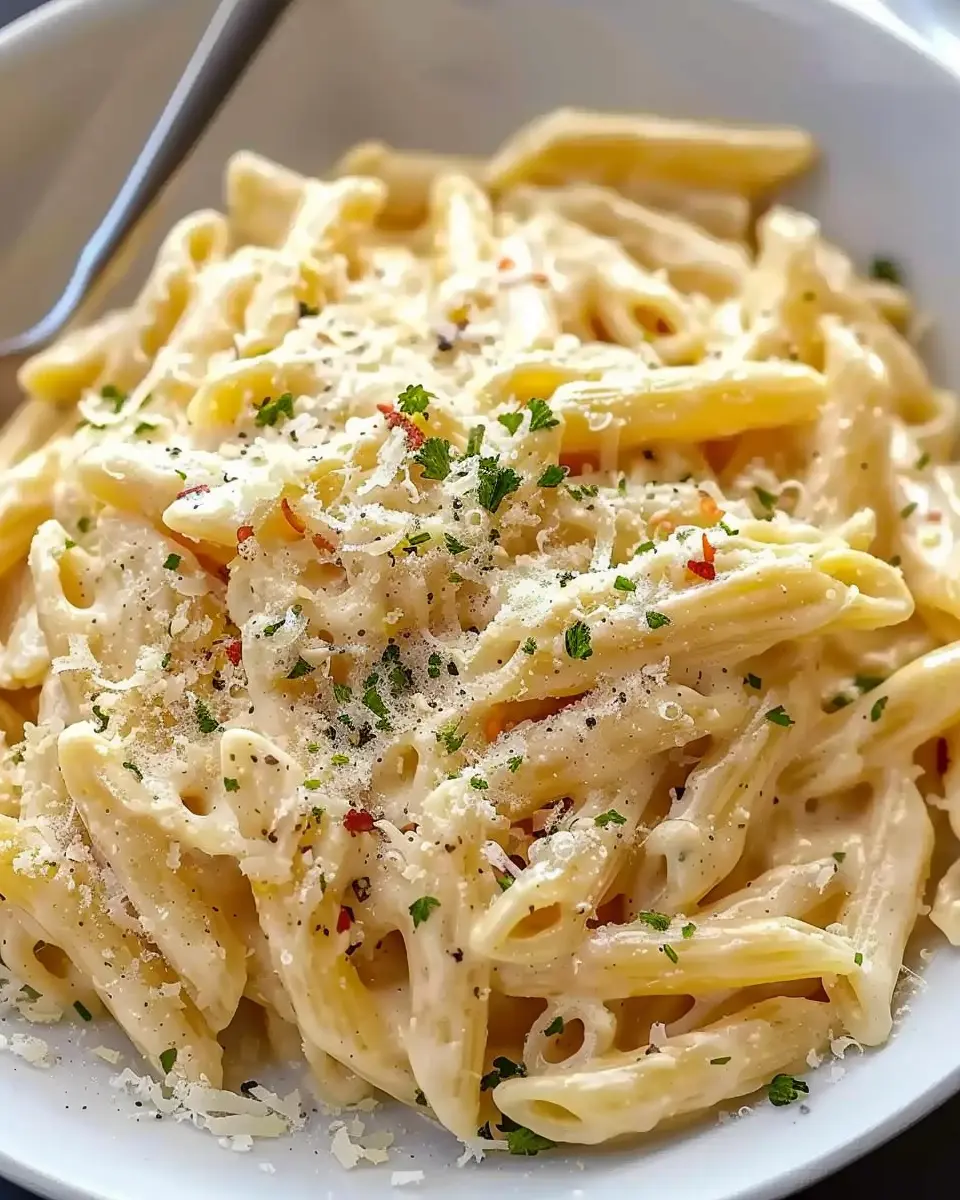 One Pot Creamy Garlic Pasta with Turkey Bacon and Chicken Ham